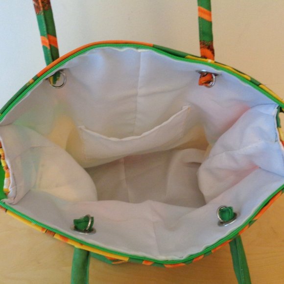 Cancun Beach Large Tote Bag Palm Tree Gecko Sun Fish Print Orange Yellow Green - Picture 2 of 5